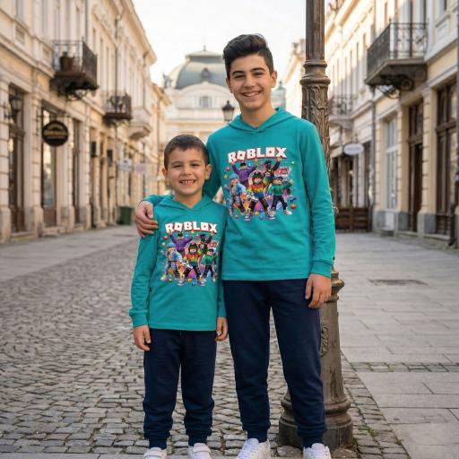 Детски комплект тюркоазена блуза с качулка и тъмно долнище Roblox DTF печат
