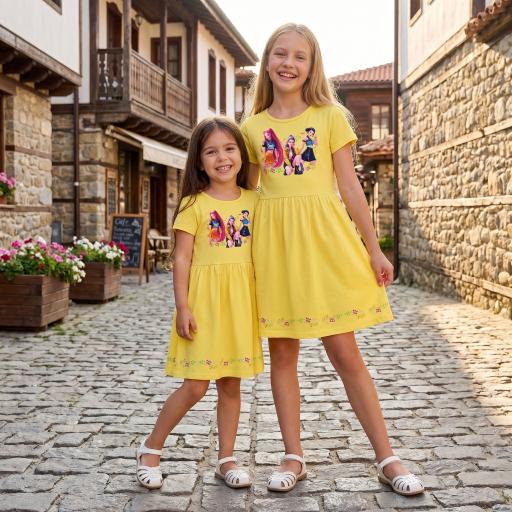 Детска жълта рокля с къс ръкав с DTF печат K-pop