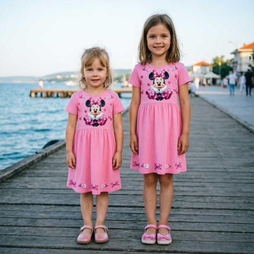 Детска розова рокля с къс ръкав с DTF печат на Мини