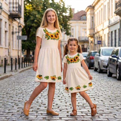 Детска рокля с къс ръкав екрю със слънчогледи DTF печат