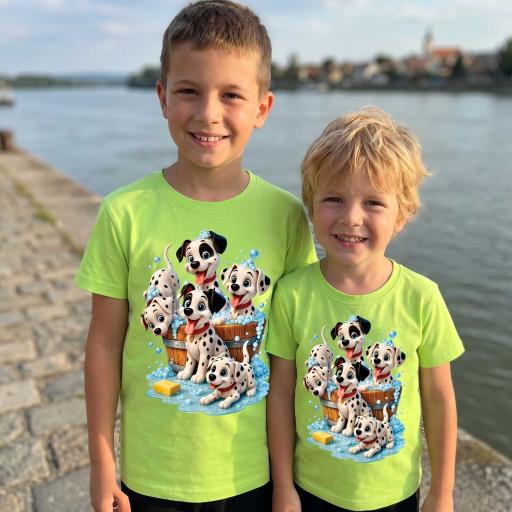 Детска зелена тениска с къс ръкав с далматинчета DTF печат