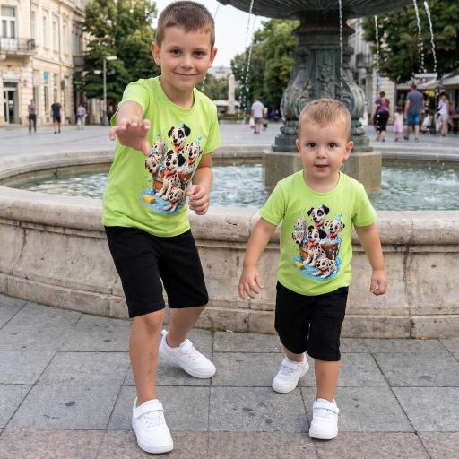 Детски комплект тениска с далматинци и тъмни бермуди 3/4