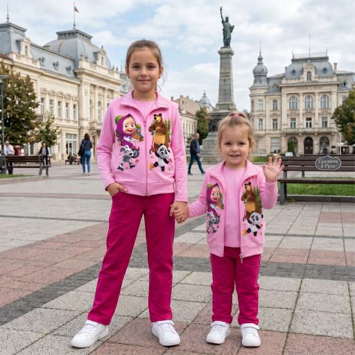 Детски комплект “Маша в гората” с елек, розова блуза и цикламен панталон
