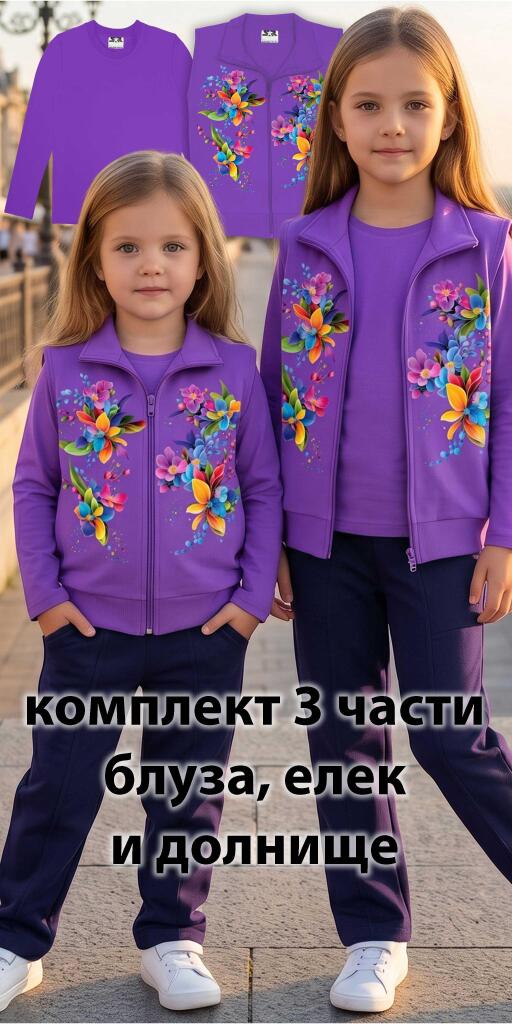 Комплект плътен елек, блуза, панталон цветя в виолетово