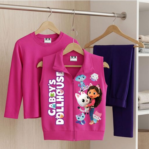 Комплект Gabby’s Dollhouse – елек, блуза и долнище в циклама и тъмни тонове.