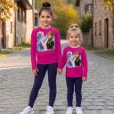Детски комплект Frozen Style – блуза с Елза и Анна и клин в циклама цвят.