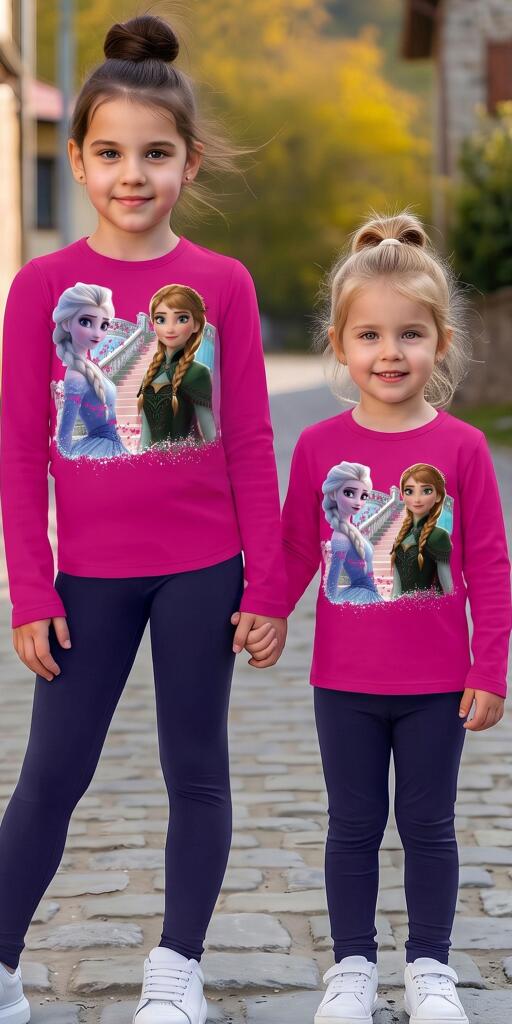 Детски комплект Frozen Style – блуза с Елза и Анна и клин в циклама цвят.