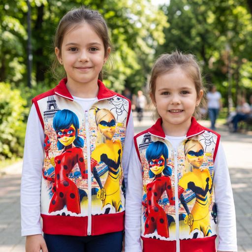 Детски плътен елек Калинката в екрю и червено