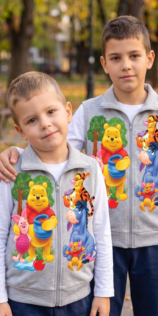 Сив плътен елек с любимите Мечо Пух и приятели