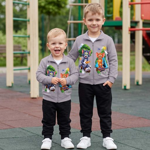 Плътен сив комплект с Том и Джери – суичър и долнище