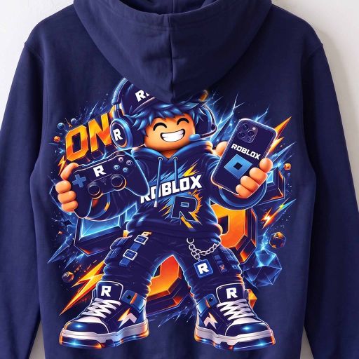 Тъмносин детски суичър Roblox с голям цветен дизайн на гърба