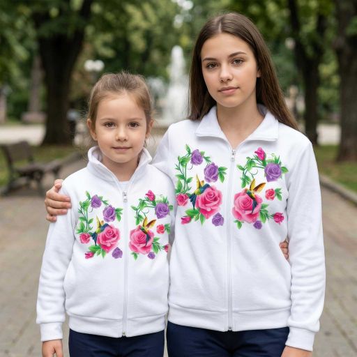 Детски бял суичър с дълъг ръкав и цип с рози и колибри