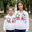 Детски бял суичър с дълъг ръкав и цип с рози и колибри