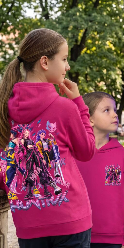 Детски плътен суичър с дълъг ръкав и качулка Huntrix в розово
