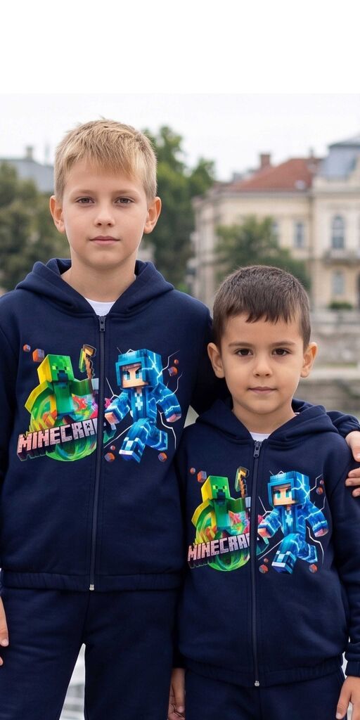 Детски геймърски суичър с качулка Майнкрафт в тъмносиньо