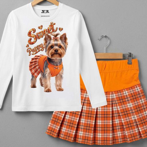 Момичешки комплект с кученце Sweet Puppy и пола в оранжево каре
