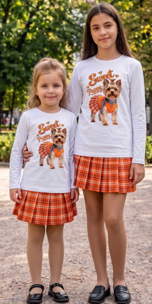 Комплект с дълъг ръкав и каре пола Sweet Puppy за малки госпожици