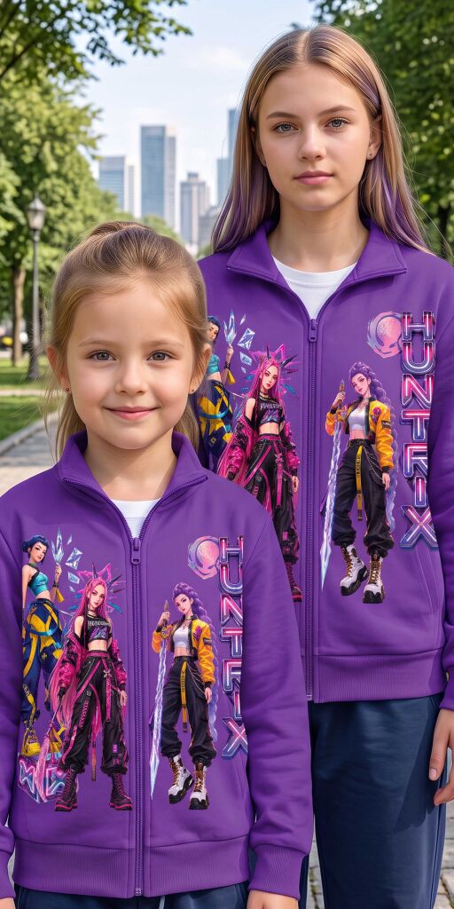 Тъмновиолетов детски суичър с дълъг ръкав и трите момичета от K-Pop Hunter