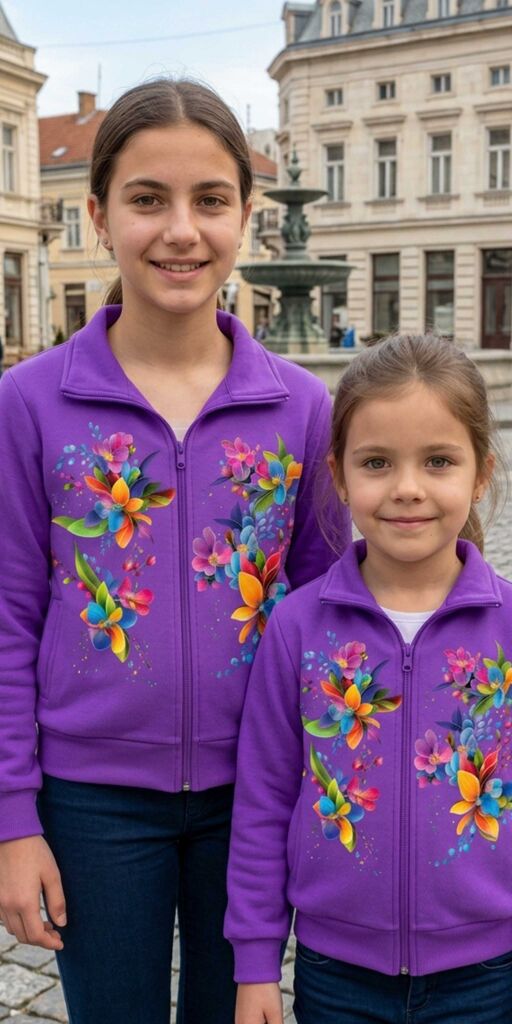 Суичър плътен с цветя във виолетово за момиче с дълъг ръкав