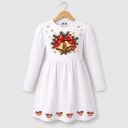 Детска празнична рокля с коледни камбанки и елхови клонки